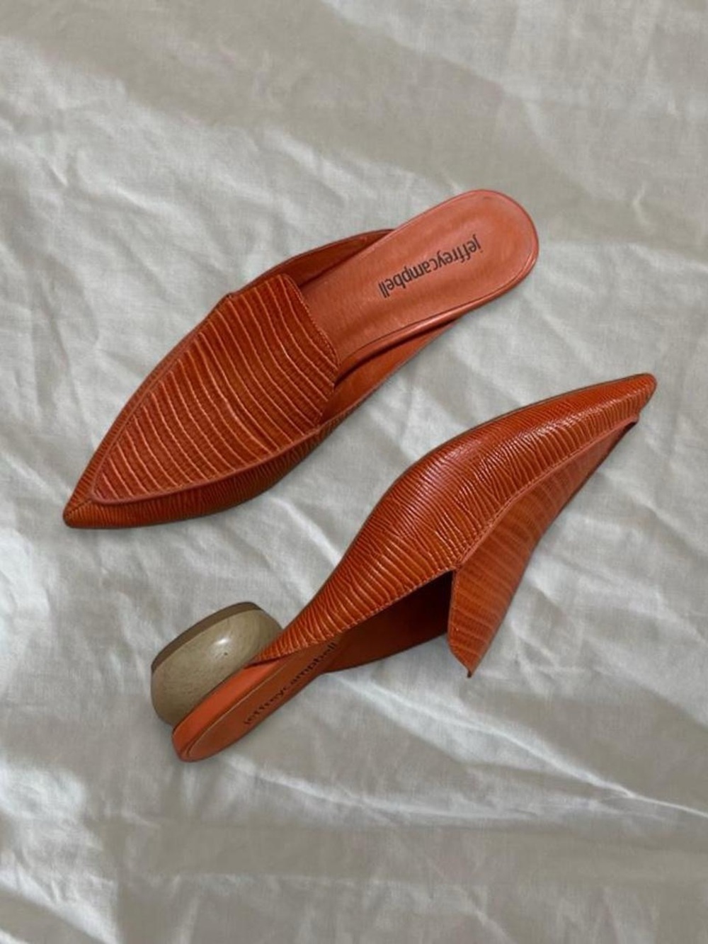 Jeffrey Campbell textured orange pointed mules